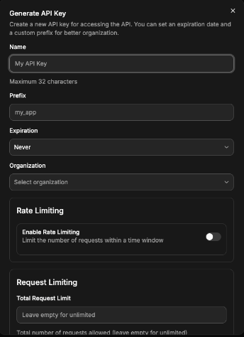 Diálogo Generate API Key de Dokploy con los campos Name, Prefix, Expiration y Organization